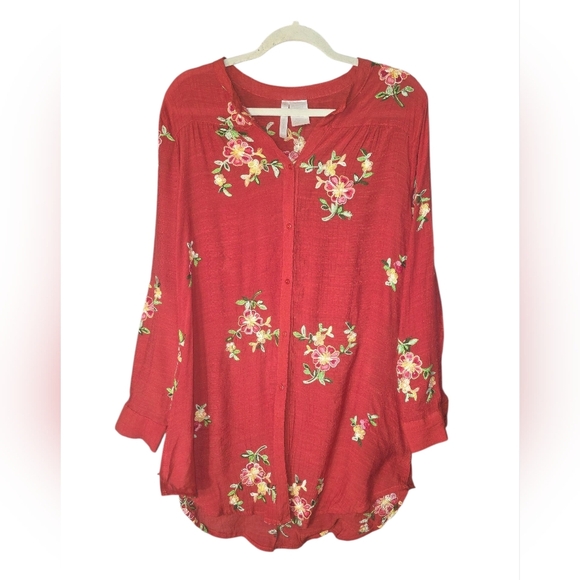 Forgotten Grace Tops - Forgotten Grace Red Cottagecore Boho Embroidered Tunic Top Size Large Button Up